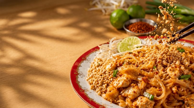Chopsticks sprinkle peanuts onto a plate of chicken pad Thai with lime and bean sprouts.