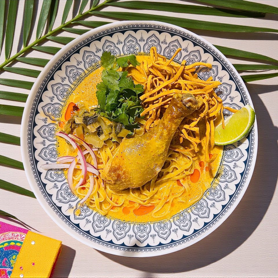 Chicken Khao Soi with curry noodles, crispy noodles, cilantro, red onion, and lime.