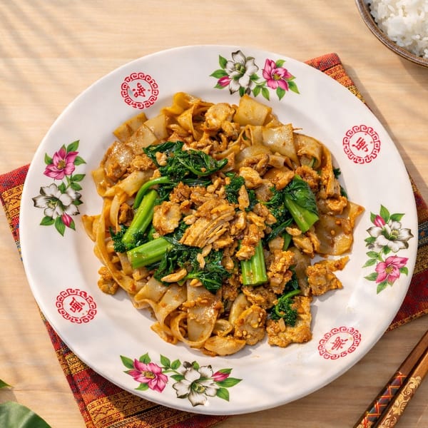 Flat noodles with chicken, green vegetables, rice, and chili sauce on a floral plate.