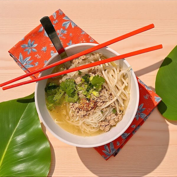 White bowl of noodle soup with ground pork, bean sprouts, and cilantro, with red chopsticks on wood.