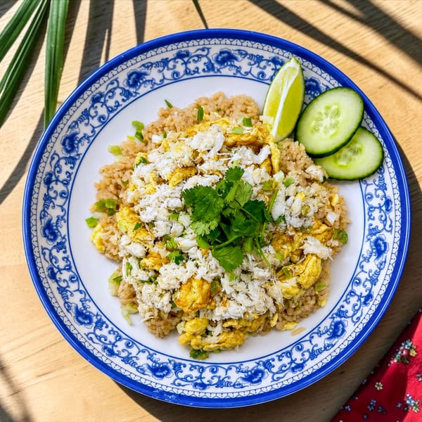 Crab fried rice with scrambled egg, cilantro, lime, and cucumber on a patterned plate.